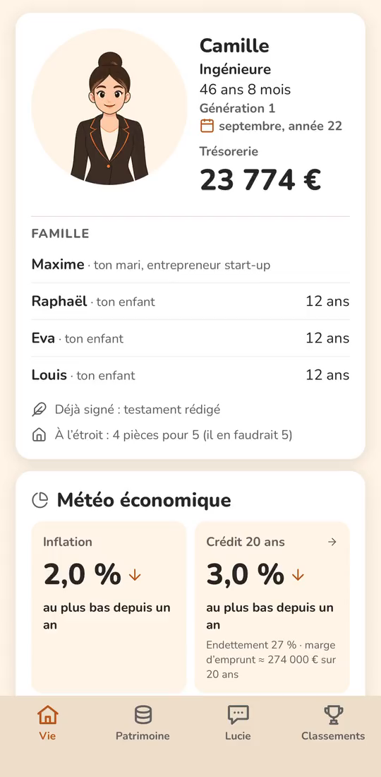Première image de l’extrait : l’onglet Vie, le personnage, sa trésorerie et sa famille.